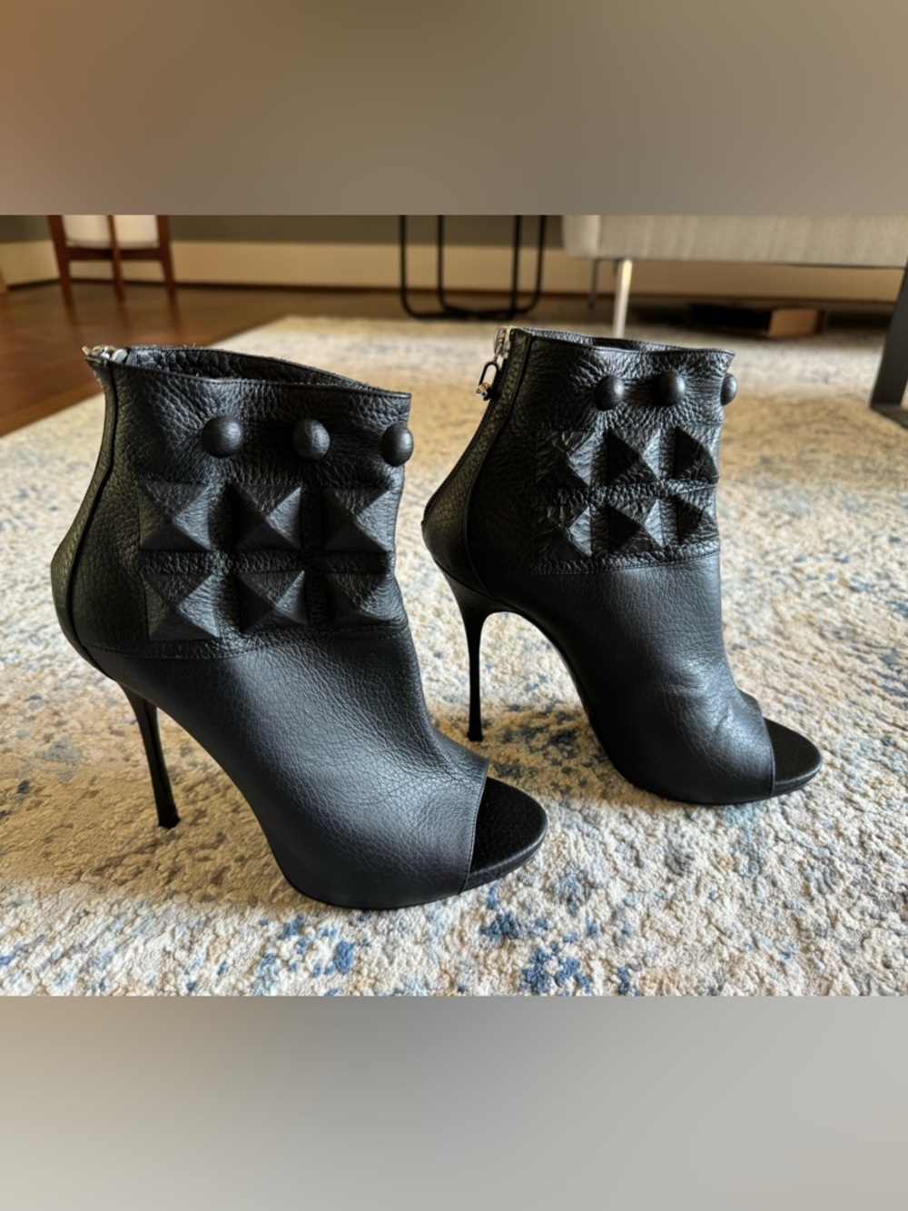 Philipp Plein Black Peep-Toe Studded Leather Ankle Boots - Picture 2 of 16